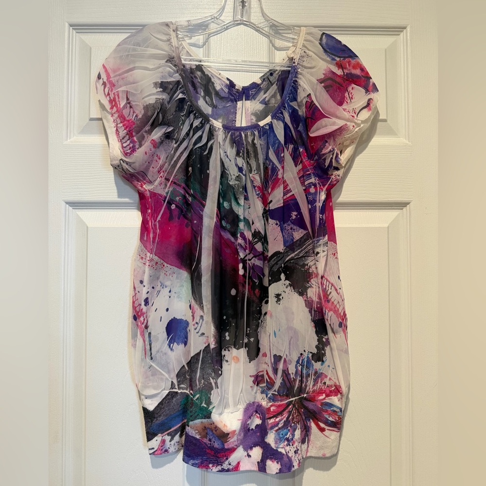 Charlotte Russe Abstract Floral Sheer Blouse - Pink, Purple, Black, White